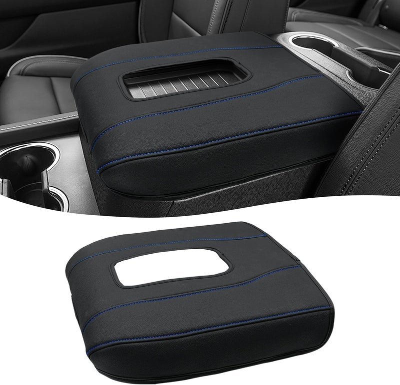 Eaglecover Center Console Armrest Cover for Chevy Silverado 1500 Accessories & GMC Sierra 2019-2026, Yukon & Tahoe & Suburban 2021-2026, Bucket Seat, PU Leather Middle Console Lid Cover Pad, Black-Blue Stitch - Image 1